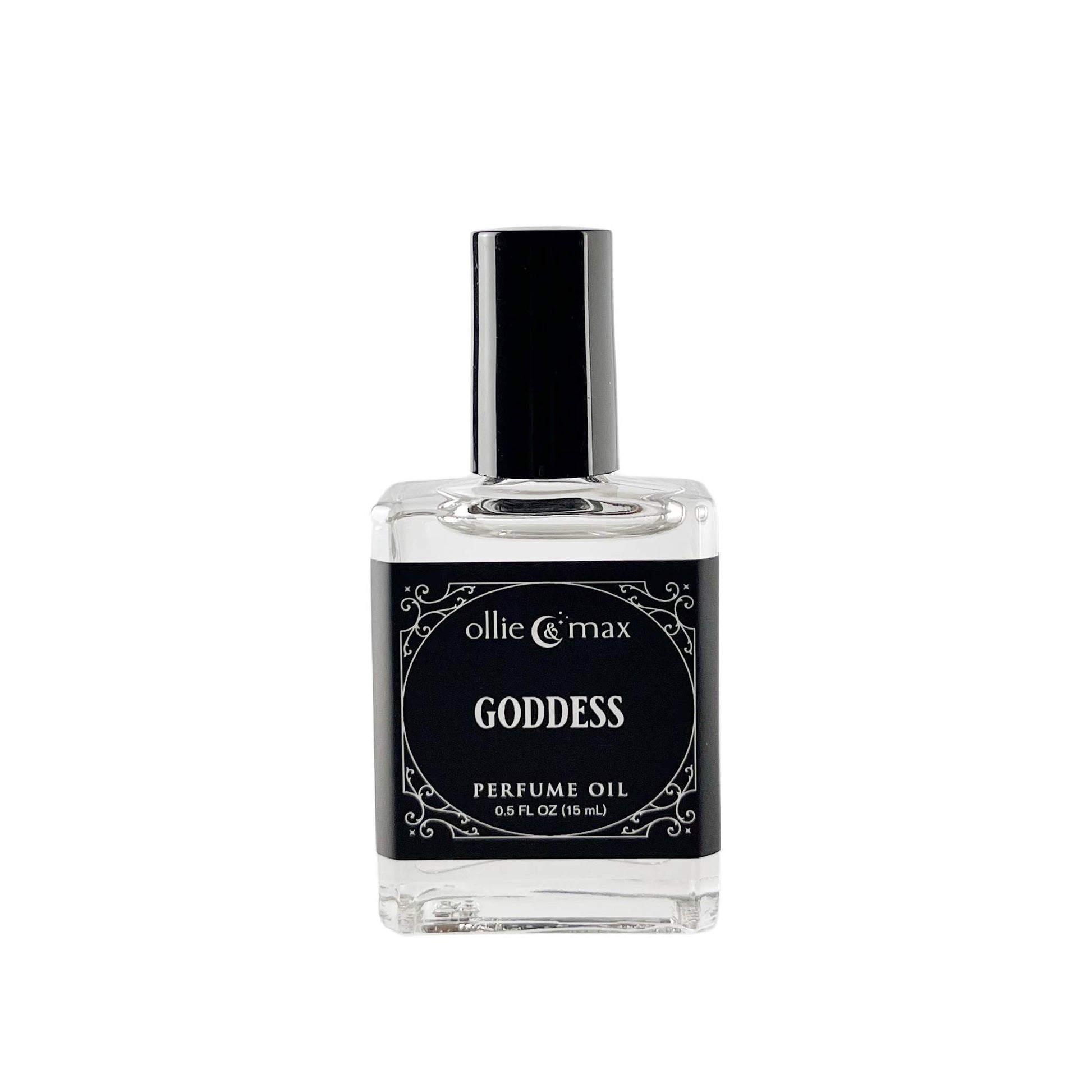 Perfume oil bottle labeled 'Goddess' by ollie & max on a white background