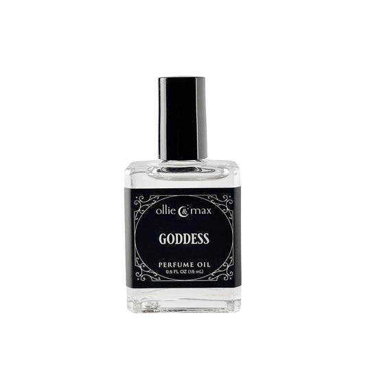 Perfume oil bottle labeled 'Goddess' by ollie & max on a white background