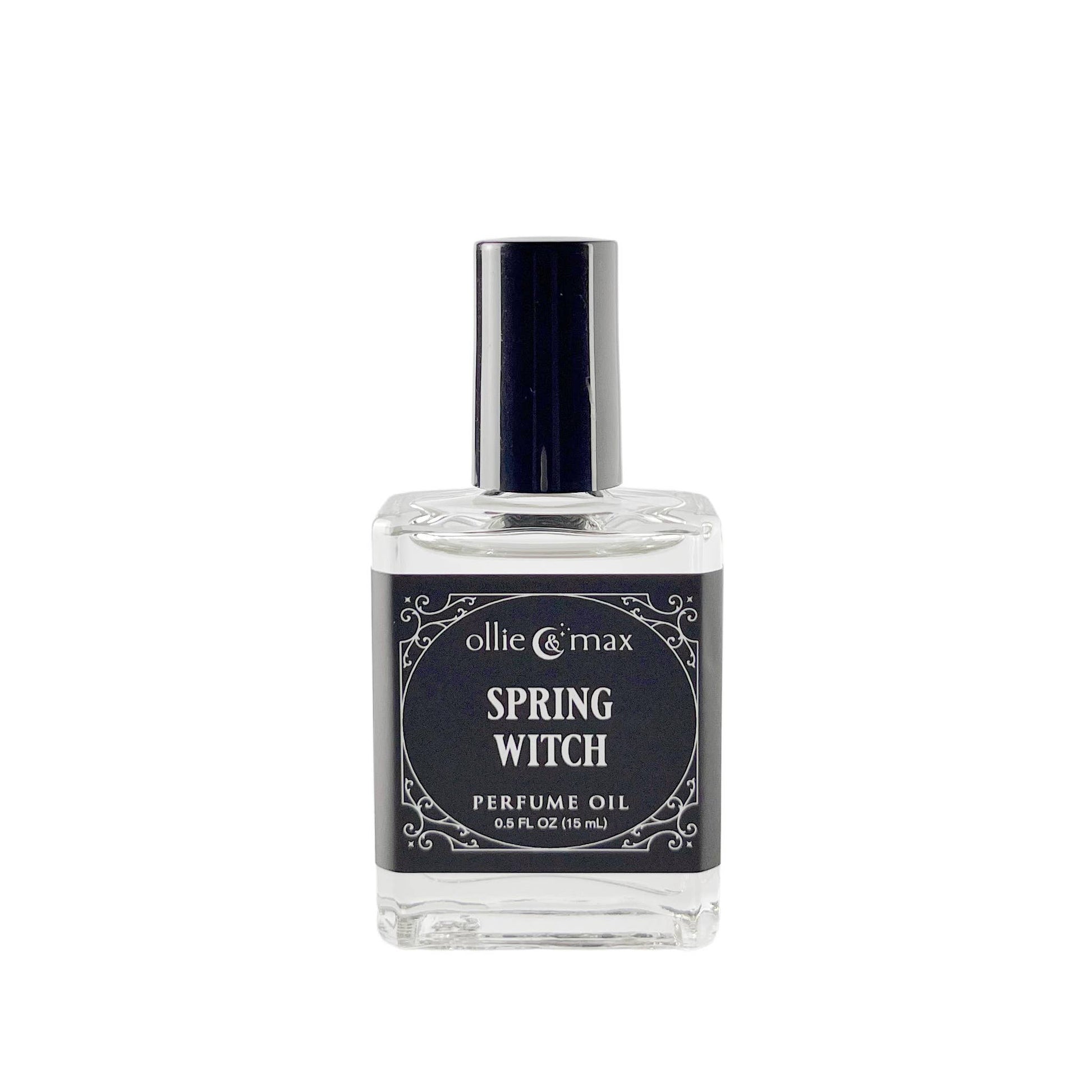 Perfume oil bottle labeled 'Spring Witch' by ollie & max on a white background