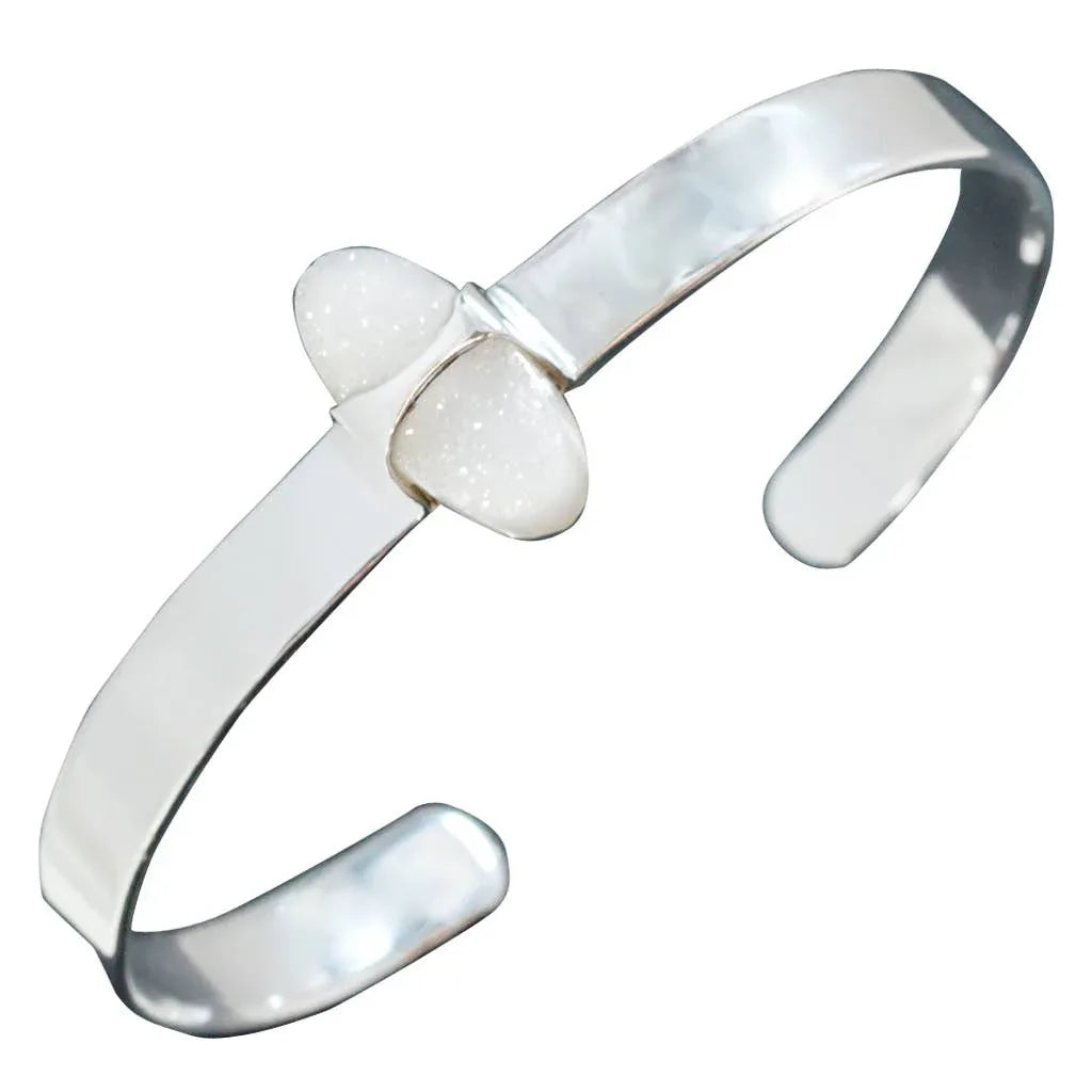 Oval White Druzy Sterling Bangle Bracelet - Shadowplay Collection
