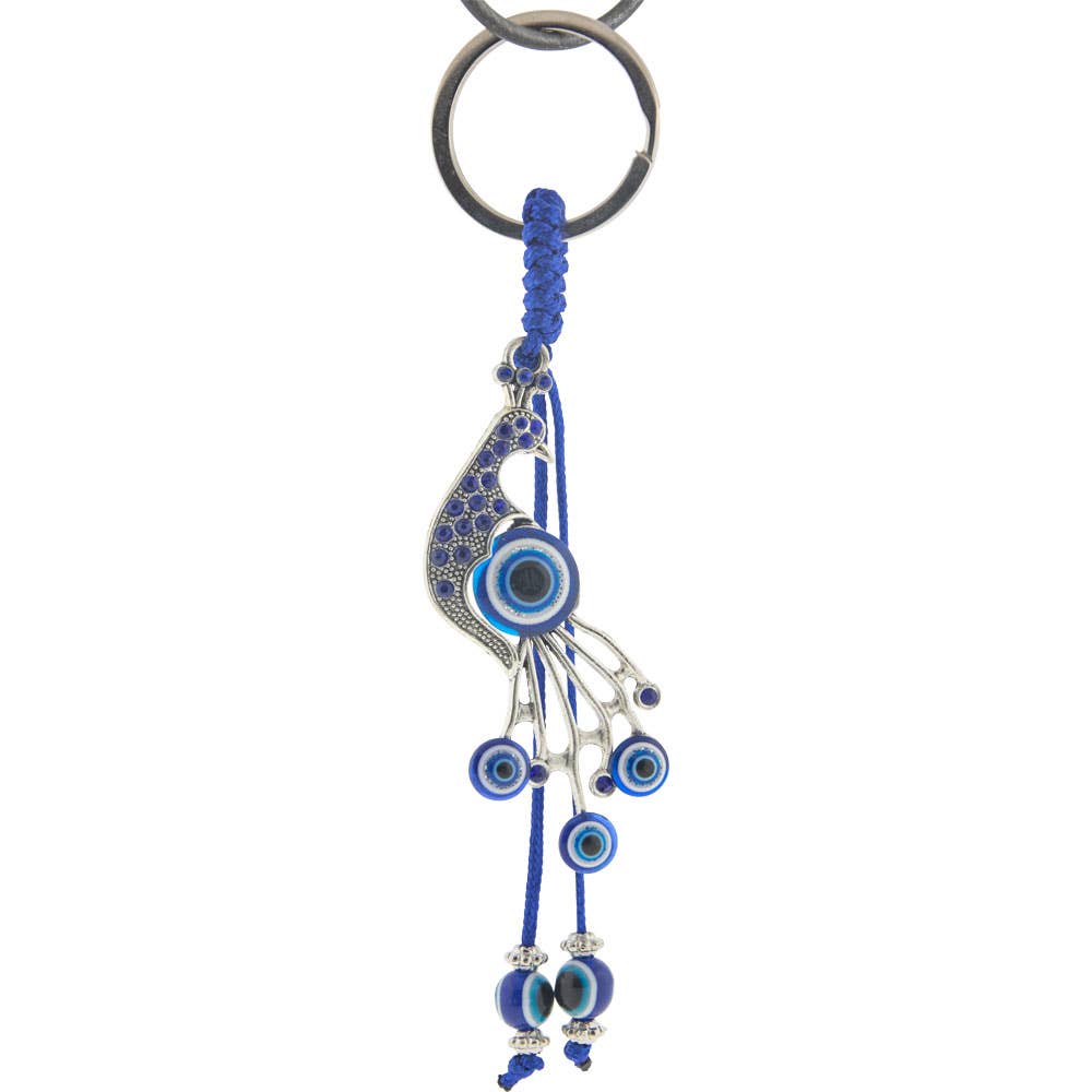 Blue Peacock evil eye keychain with beads on a white background