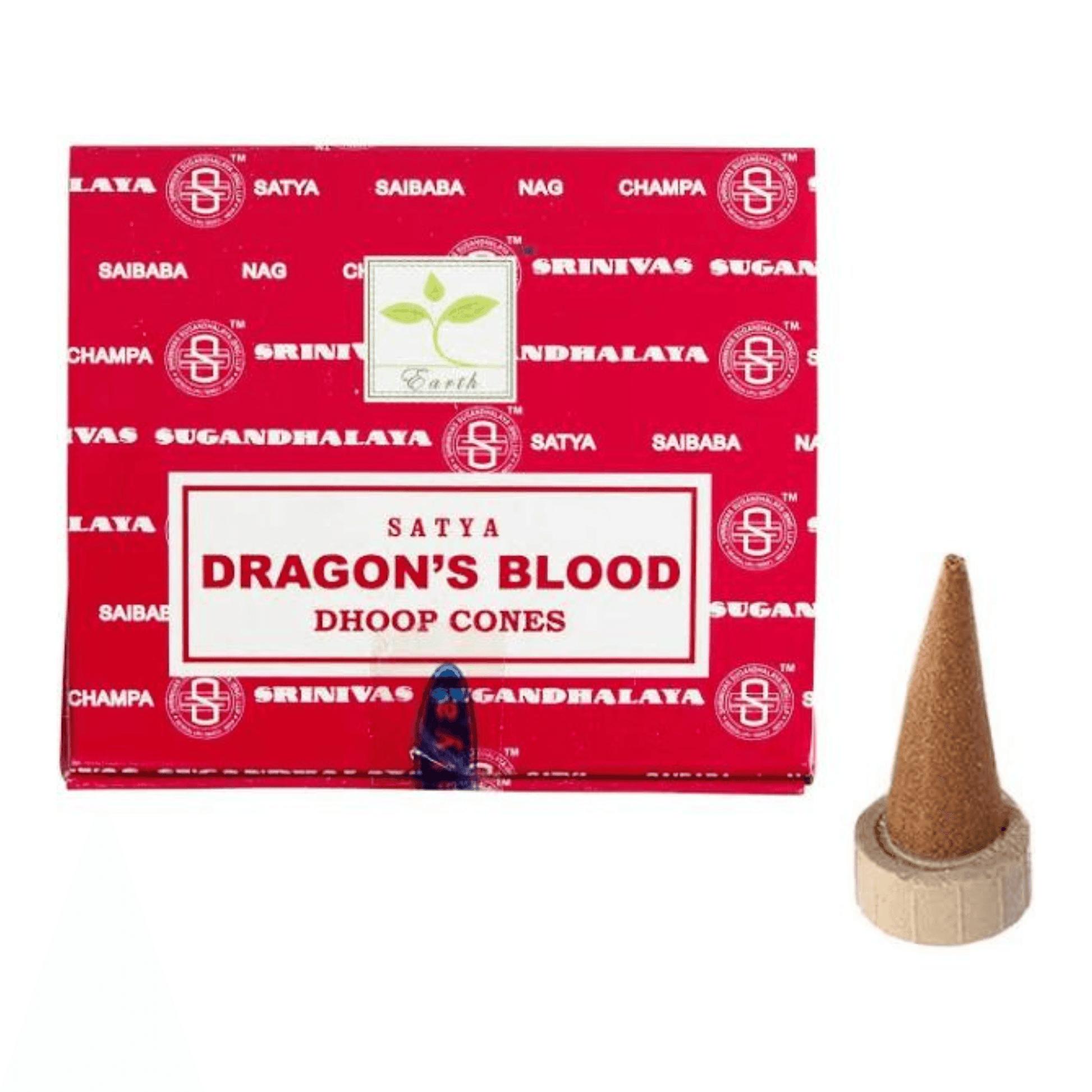Box of Satya Dragon's Blood Dhoop Cones with a single cone on a white background