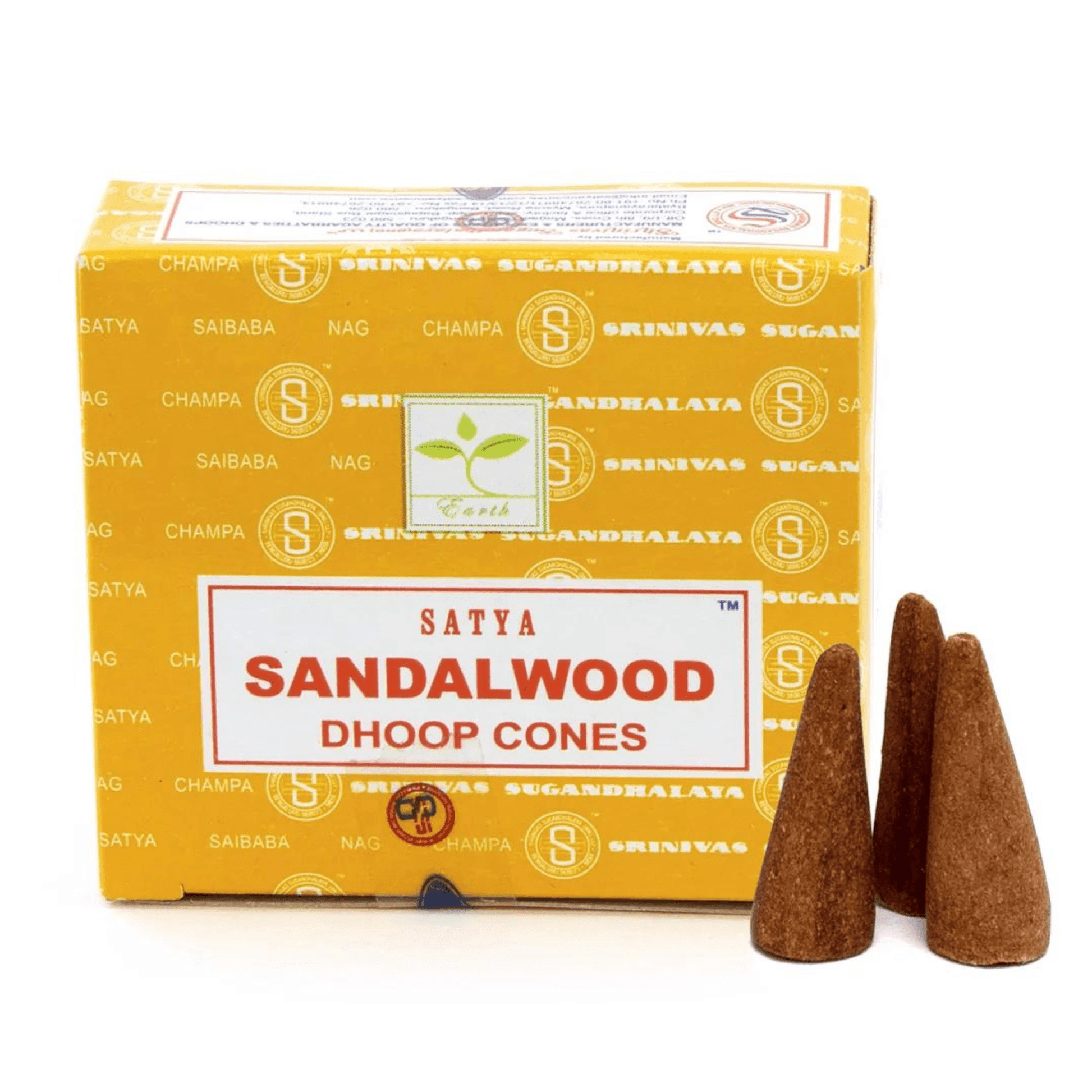 Box of Satya Sandalwood Dhoop Cones with three cones on a white background