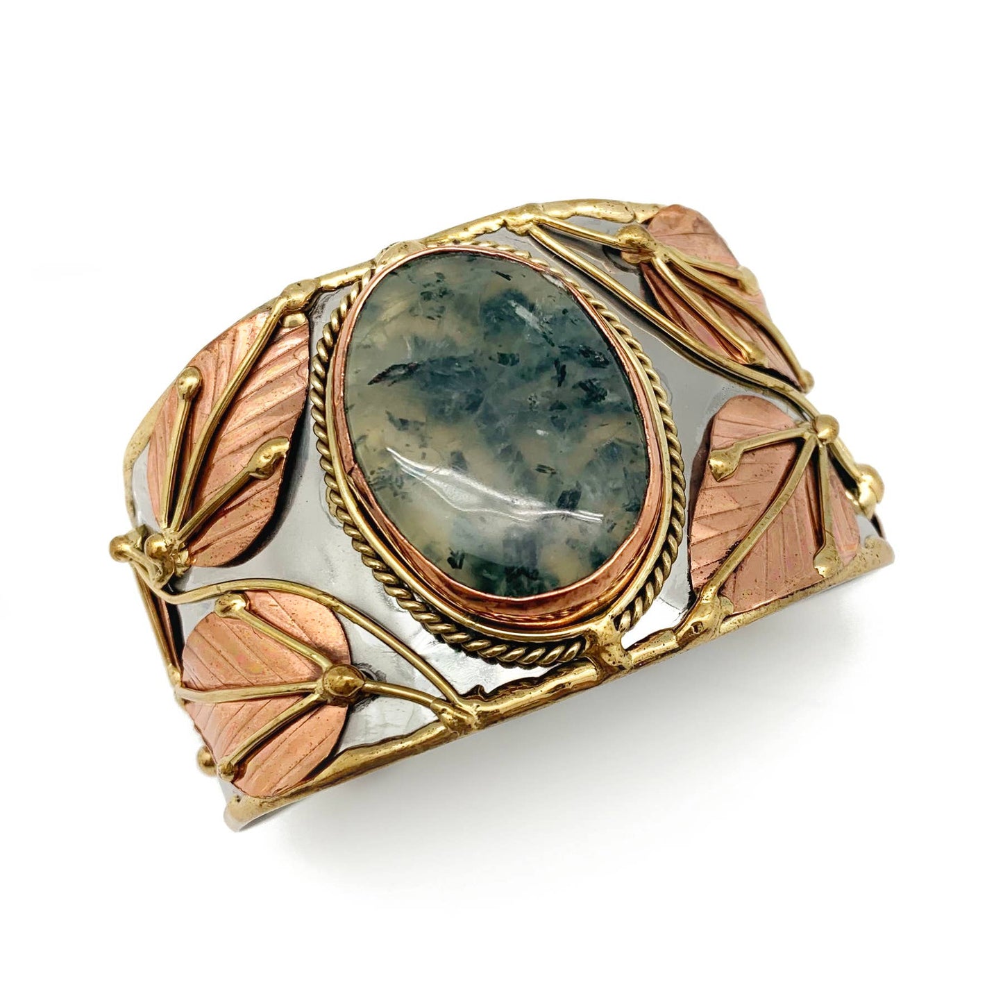 Cuff Bracelet with a central stone and gold and rose gold accents on a white background- Shadowplay Collection Gift Shop