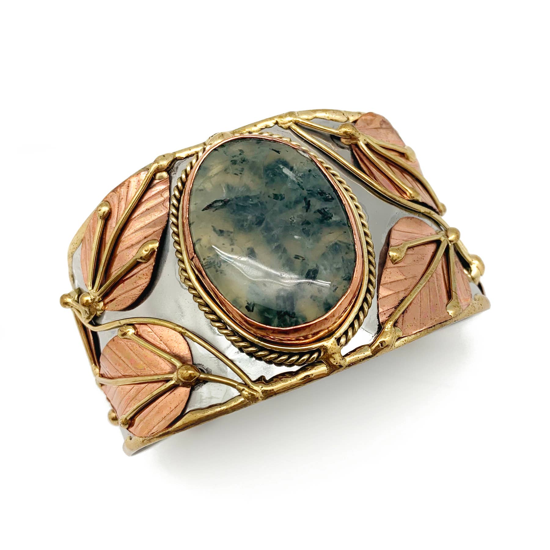Cuff Bracelet with a central stone and gold and rose gold accents on a white background- Shadowplay Collection Gift Shop