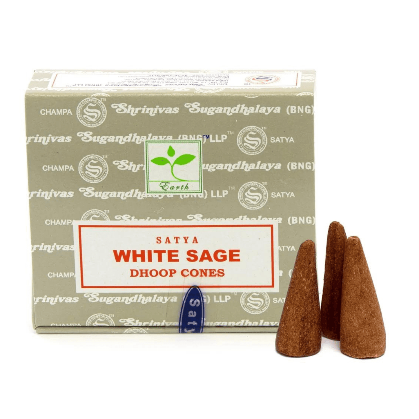 Box of Satya White Sage Dhoop Cones with three cones on a white background