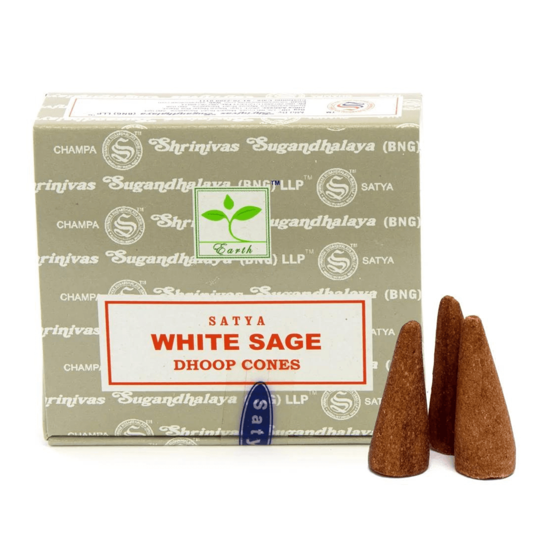 Box of Satya White Sage Dhoop Cones with three cones on a white background
