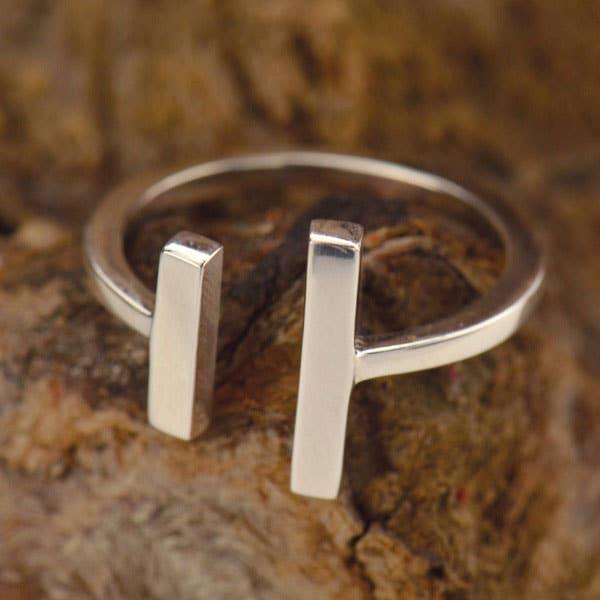 Sterling Silver Adjustable Bar Ring on a rock- Shadowplay Collection Gift Shop