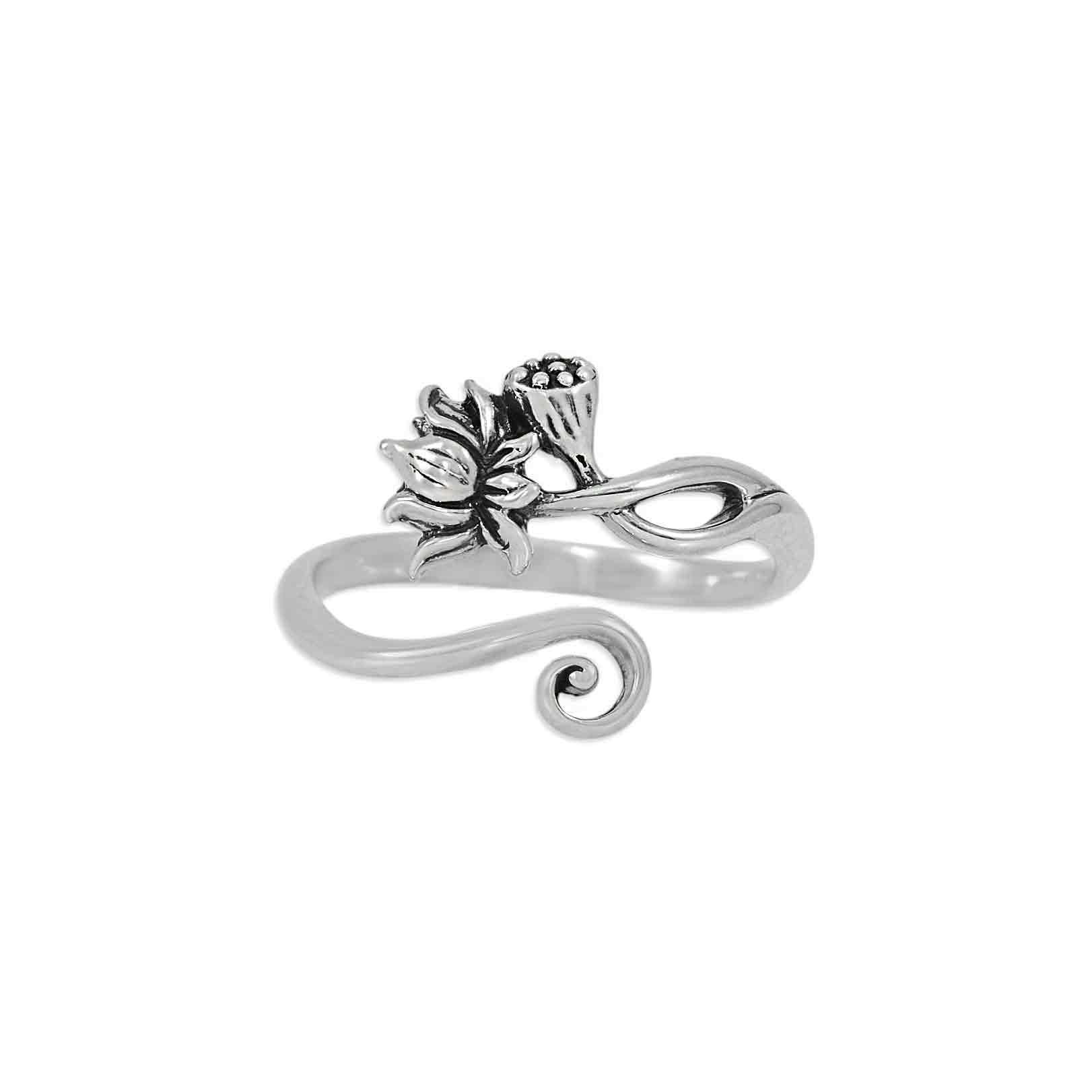 Sterling Silver Adjustable Lotus Ring with white background - Shadowplay Collection Gift Shop