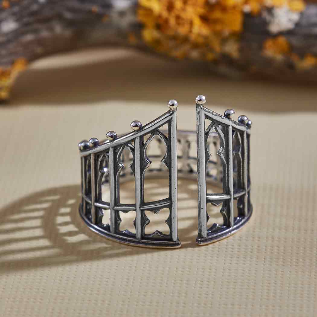 Gothic Gate ring on beige table top- Shadowplay Collection Gift Shop