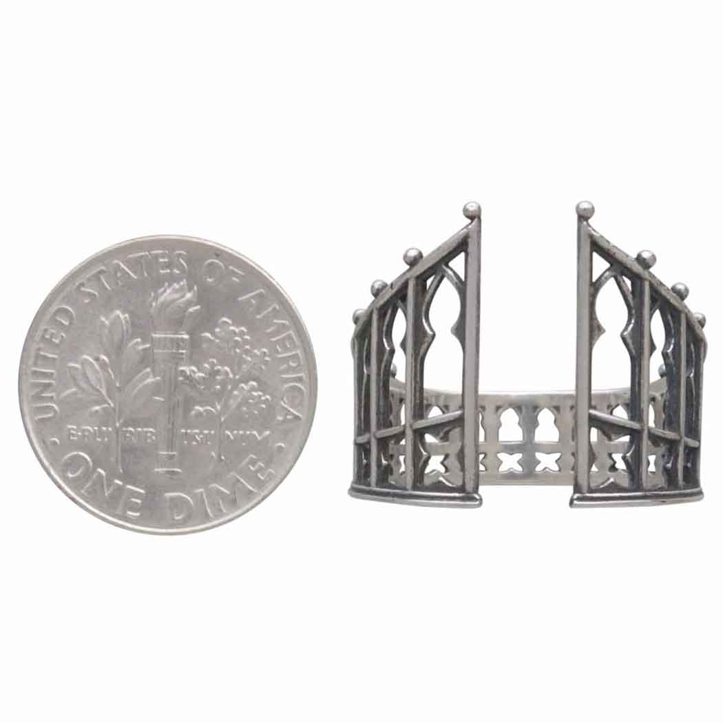 Gothic Gate ring next to dime for scale with white background- Shadowplay Collection Gift Shop in San Antonio, TX