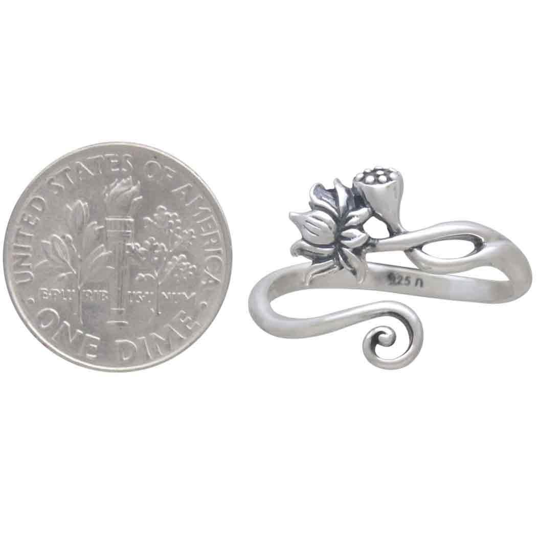 Sterling Silver Adjustable Lotus Ring with dime for scale on a white background - Shadowplay Collection Gift Shop