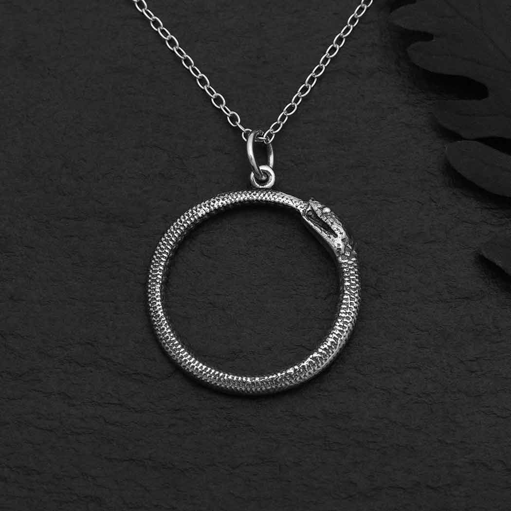 Silver circular Ouroboros pendant necklace on a dark background- Shadowplay Collection Gift Shop