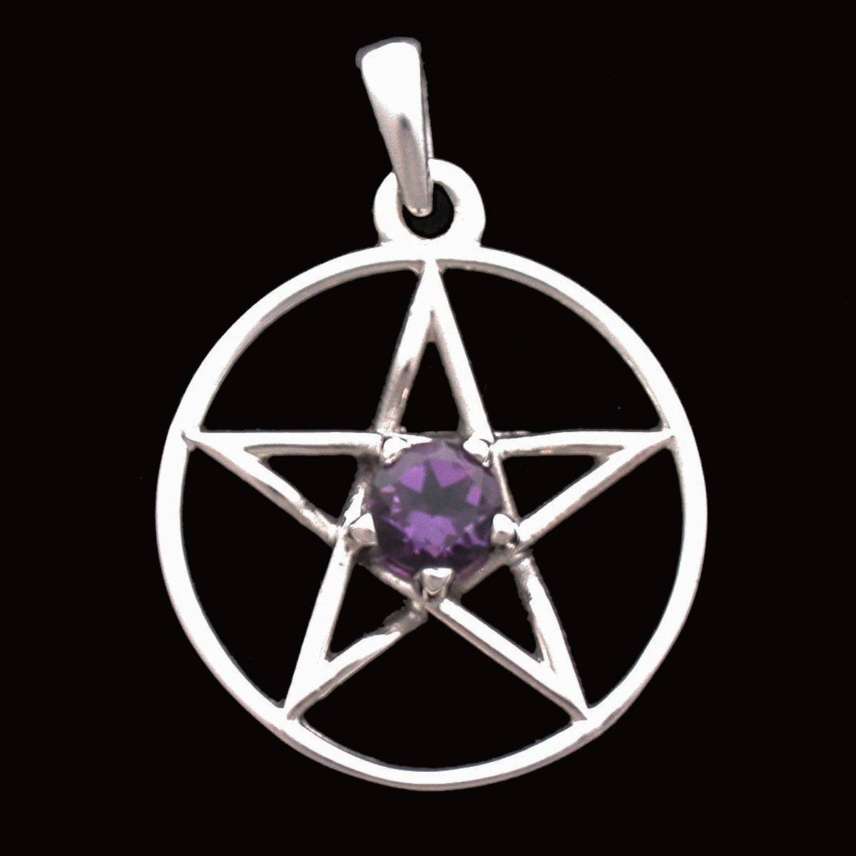 Silver pentacle pendant with a purple gemstone on a black background