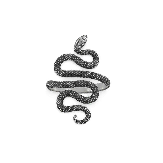 Silver snake-shaped ring on a white background- Shadowplay Collection Gift Shop in San Antonio, TX
