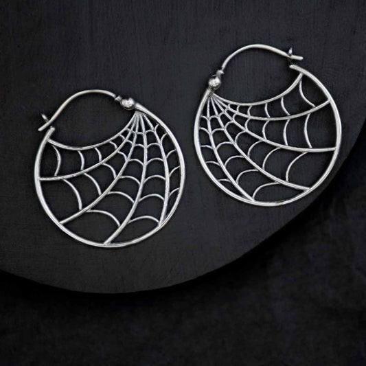 Spiderweb Hoop earrings with a black background- Shadowplay Collection Gift Shop in San Antonio, TX
