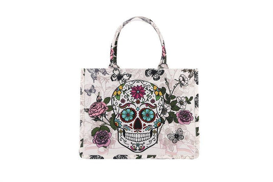 Skull Flower Printed Colorful Standing Tote Handbag - Shadowplay Collection Gift Shop