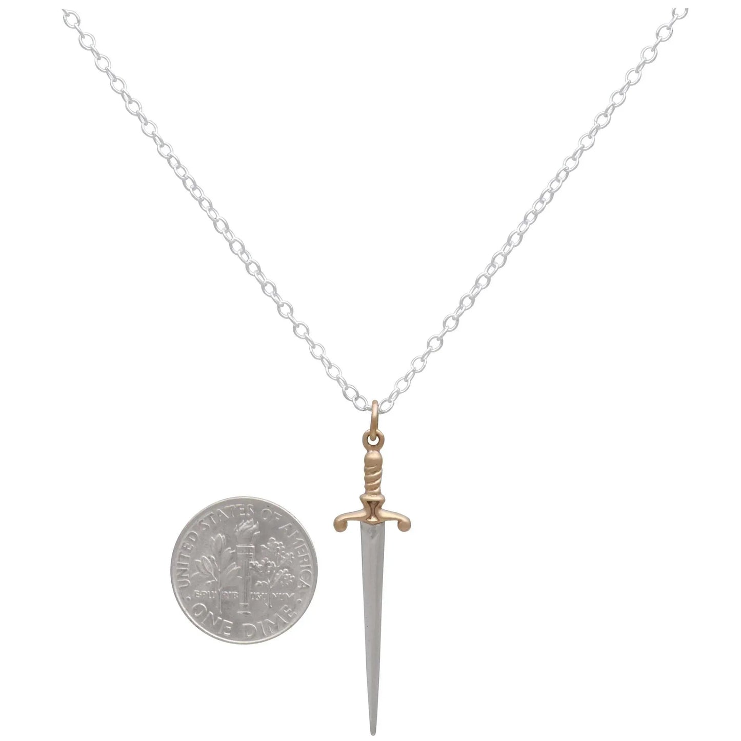 Sterling Silver Sword Necklace with Bronze Handle next to a dime for scale - Shadowplay Collection Gift Shop