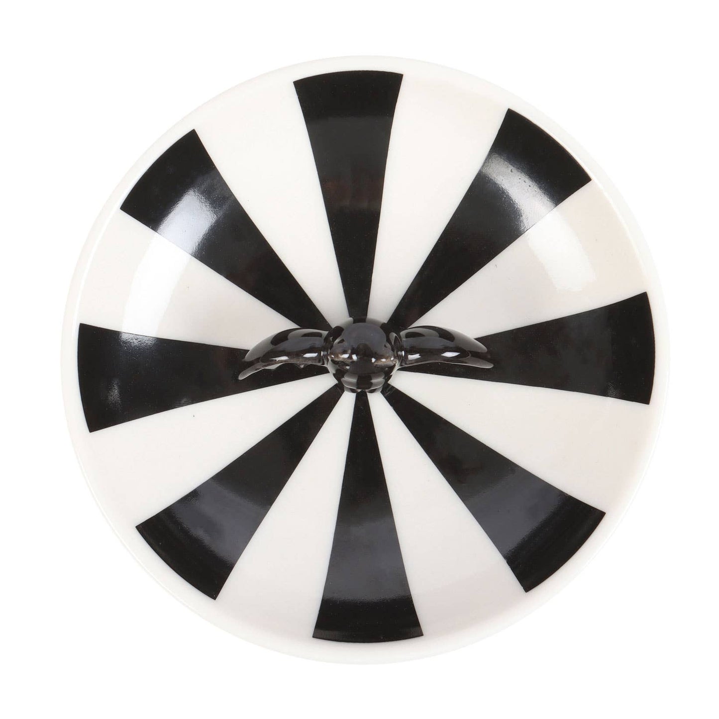 Top view of the ceramic striped bat trinket dish with white background- Shadowplay Collection Gift Shop in San Antonio, TX