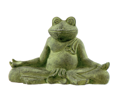 Statue of a frog in a meditative pose on a white background