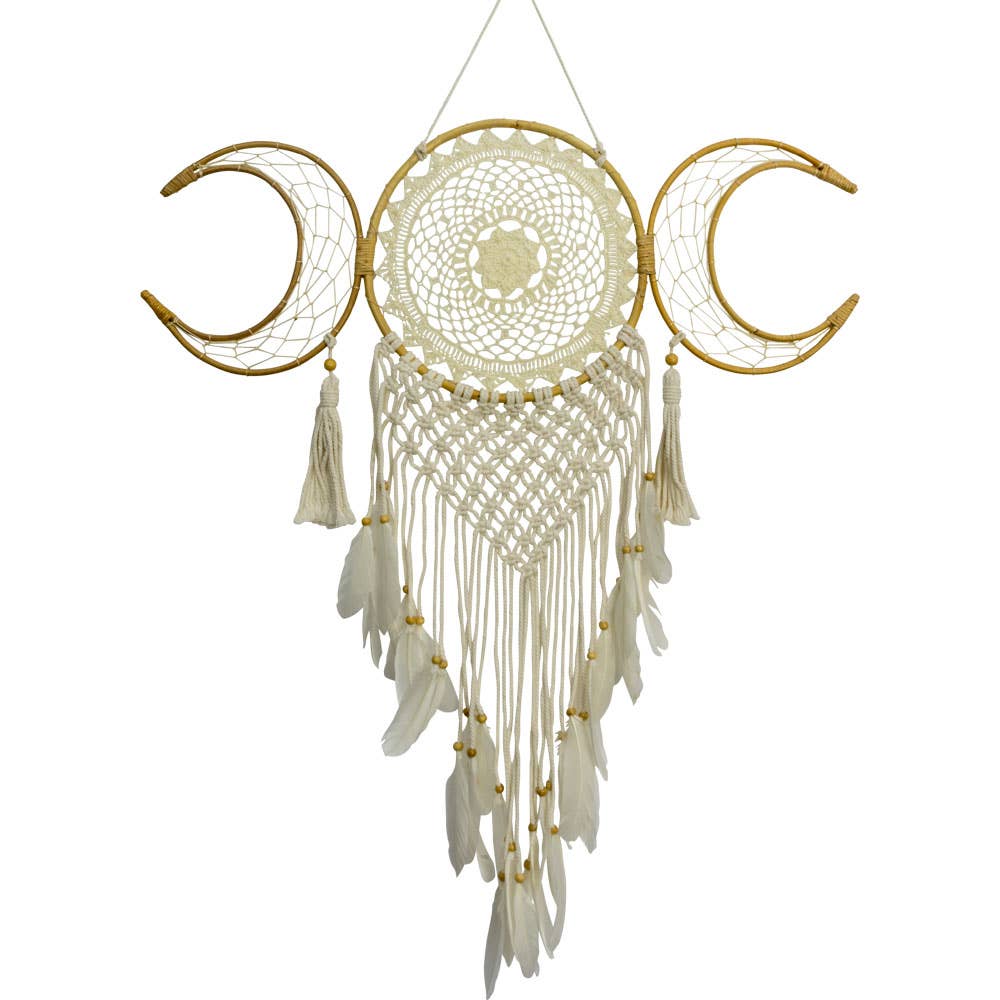Decorative dreamcatcher with moons and feathers on a white background