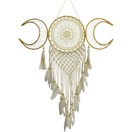 Decorative dreamcatcher with moons and feathers on a white background
