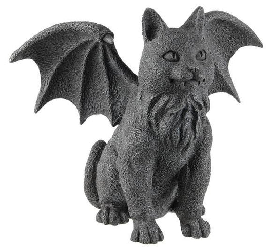 Statue of a gargoyle-cat creature with wings on a white background