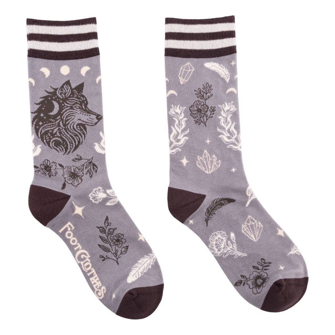 Gray socks with wolf design and white patterns on a white background- Shadowplay Collection Gift Shop