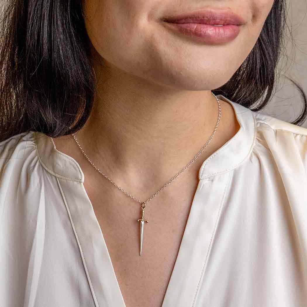 Woman wearing Sterling Silver Sword Necklace with Bronze Handle - Shadowplay Collection Gift Shop