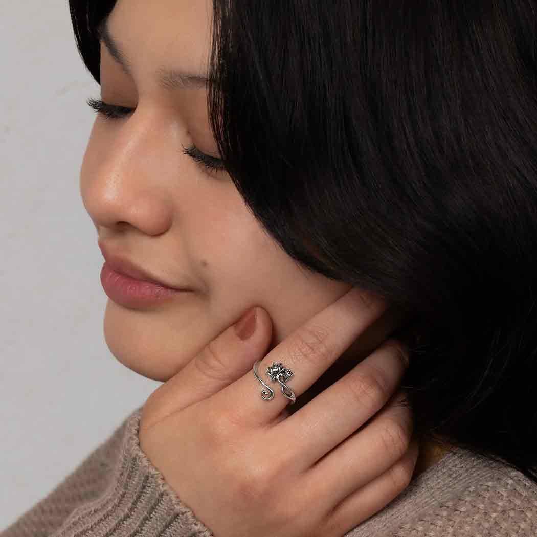 Woman wearing Sterling Silver Adjustable Lotus Ring - Shadowplay Collection Gift Shop