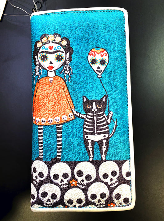 Frida Inspired Skeleton Cat Wallet-Blue