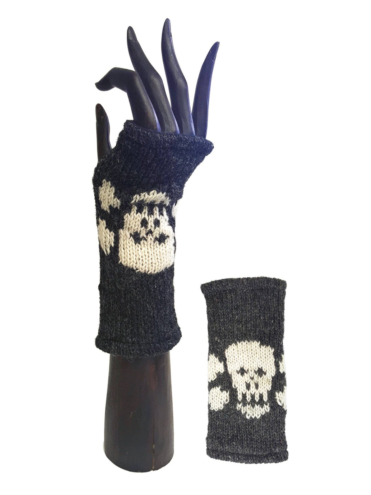 Skull and Crossbones Handwarmers/Fingerless Gloves-Black