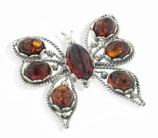 Sterling Silver Butterfly Pin Brooch with Genuine Baltic Amber
