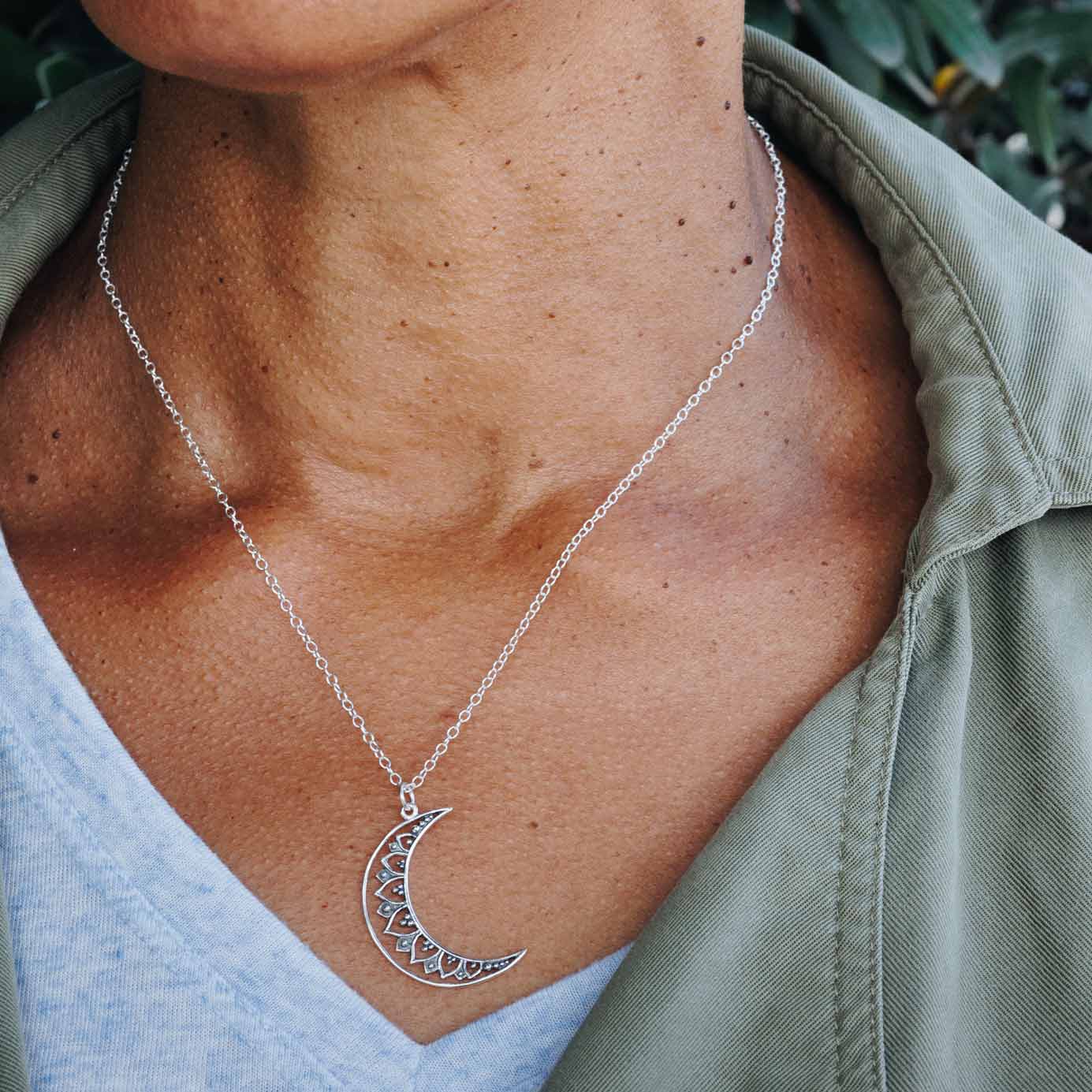 Sterling Silver Mandala Moon Necklace