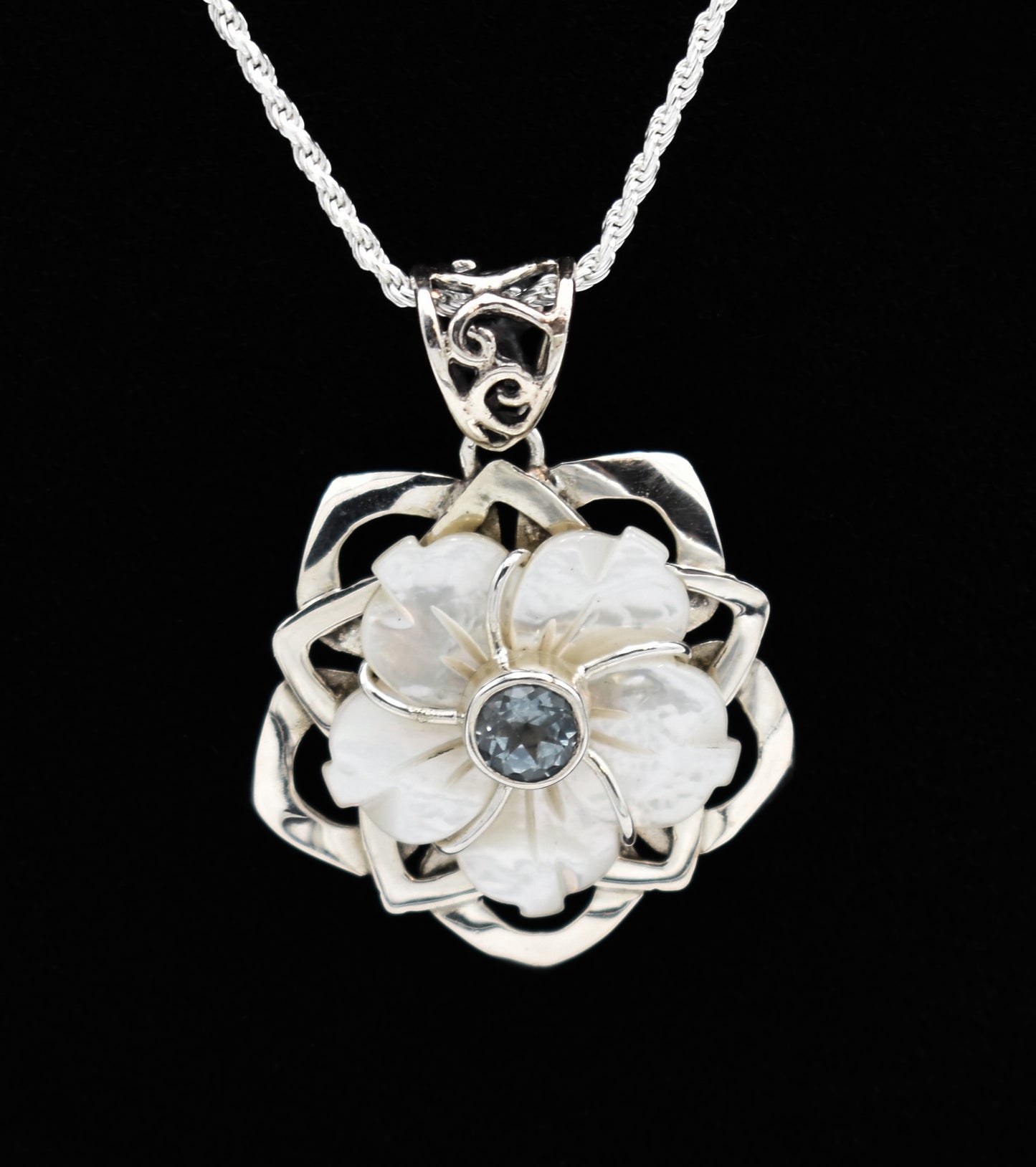 Mother of Pearl Shell Flower Blue Topaz Sterling Silver Pendant with Sterling Silver Rope Chain