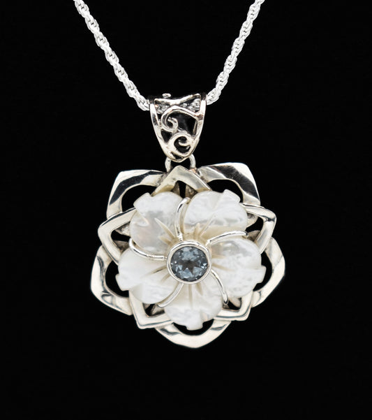 Mother of Pearl Shell Flower Blue Topaz Sterling Silver Pendant with Sterling Silver Rope Chain