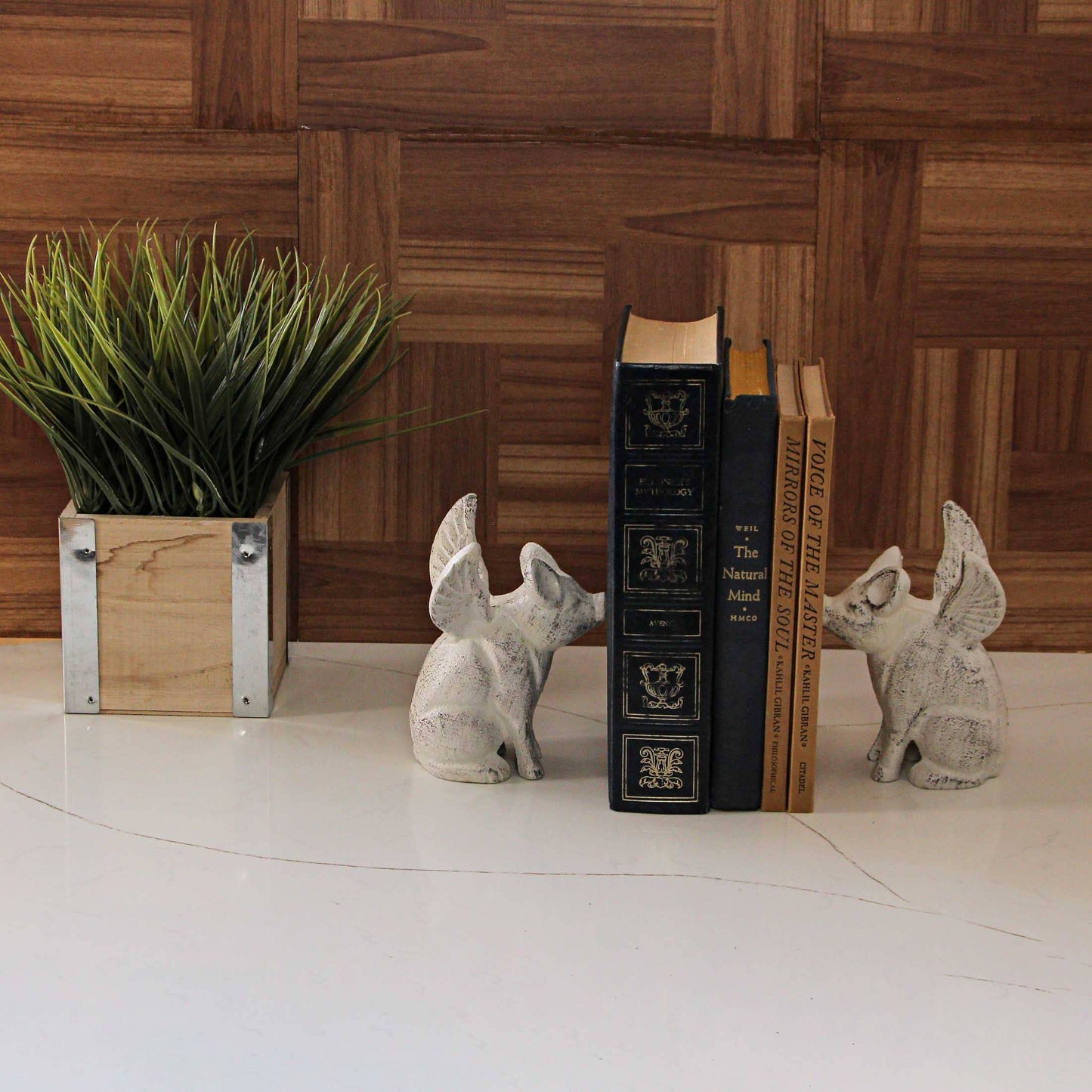 Cast Iron Distressed White Flying Pig Bookends