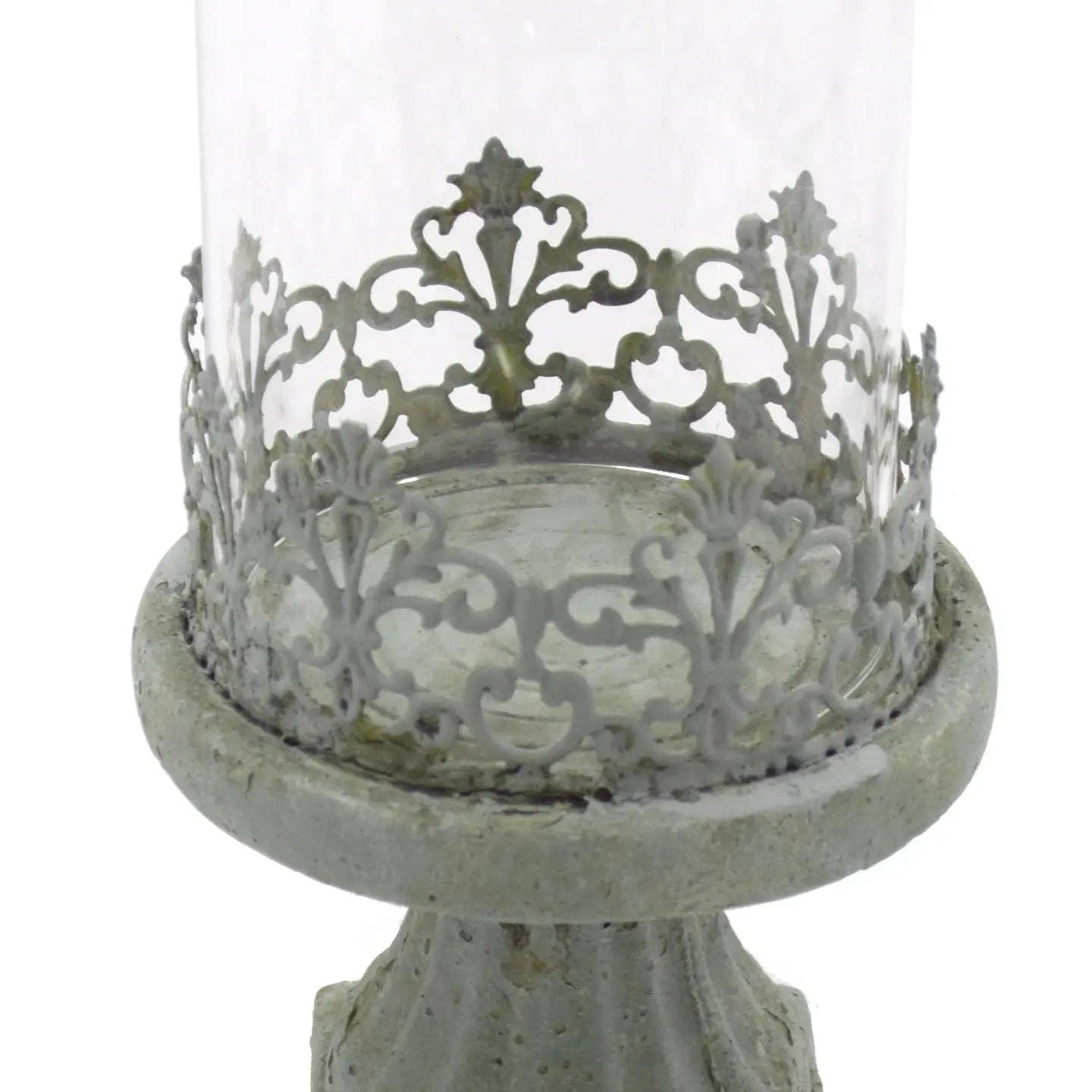 Cement Base Hurricane Candle Holder with Glass and Iron Gate Accent