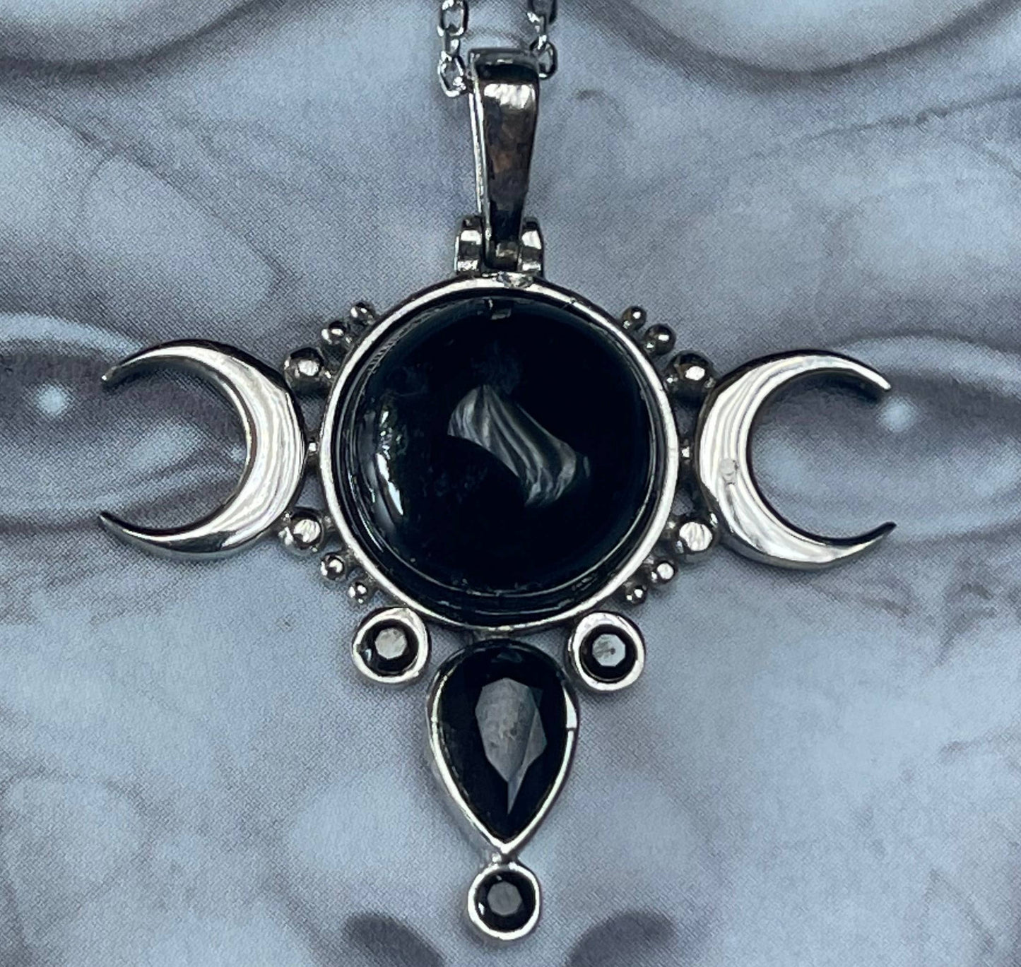 Sterling Silver Onyx Triple Moon Pendant with Sterling Silver Chain