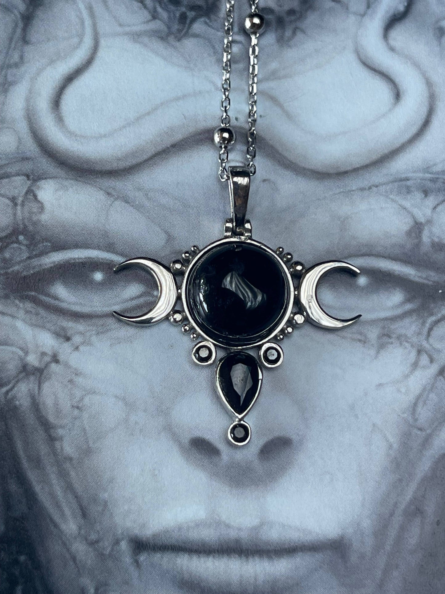 Sterling Silver Onyx Triple Moon Pendant with Sterling Silver Chain