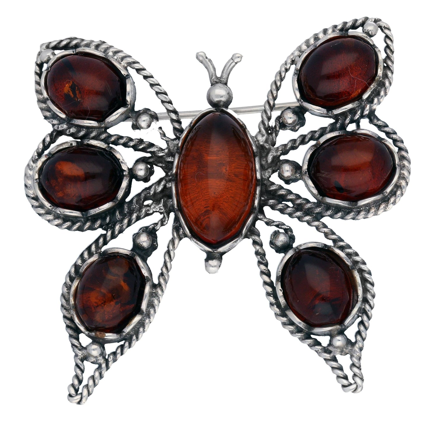 Sterling Silver Butterfly Pin Brooch with Genuine Baltic Amber