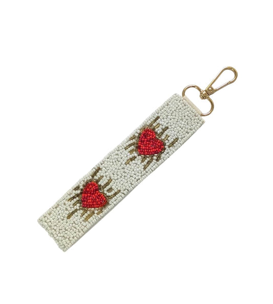 Heart Themed Beaded Wristlet Strap Keychain