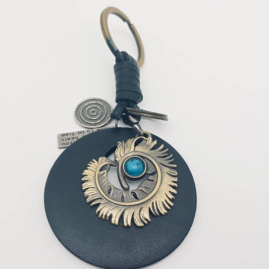 Circular Wood Pendant with Metal and Leather Accents Keychain