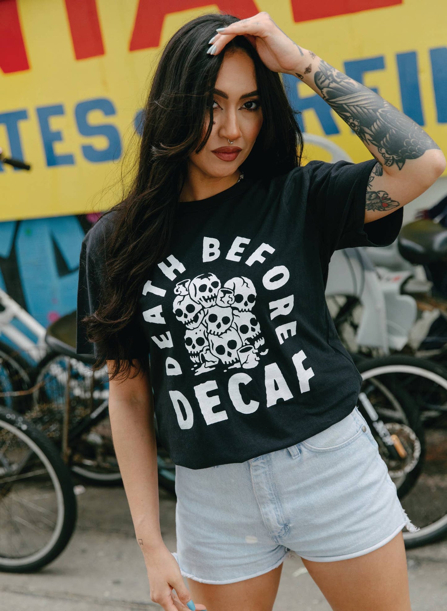 Death Before Decaf Coffee Vintage Style Graphic Tee Adults: Medium