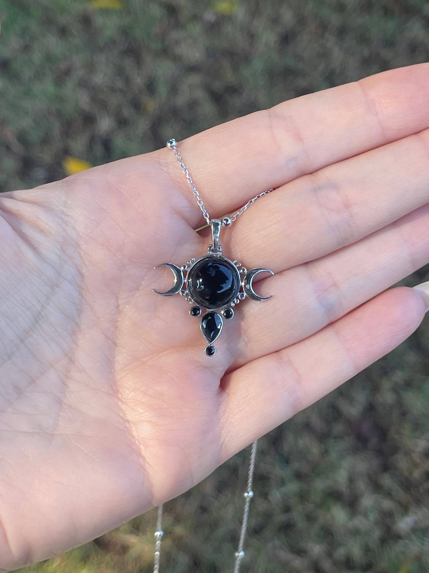 Sterling Silver Onyx Triple Moon Pendant with Sterling Silver Chain