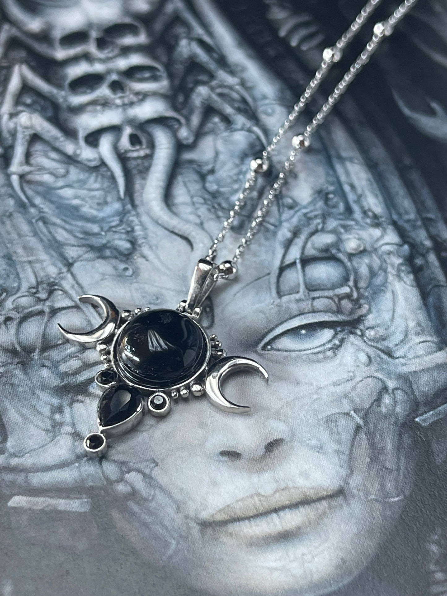 Sterling Silver Onyx Triple Moon Pendant with Sterling Silver Chain