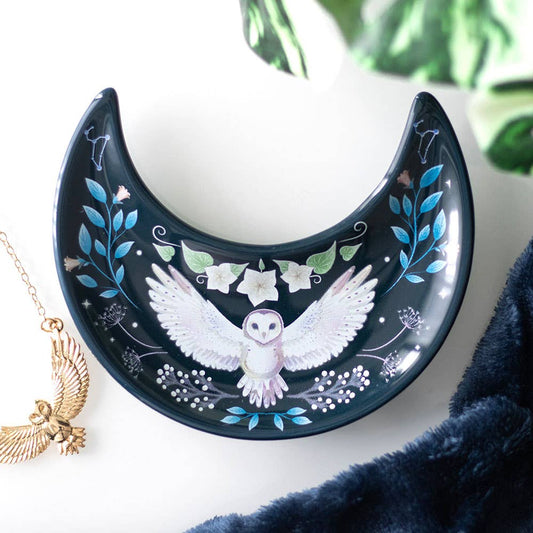 Crescent Moon Owl Ceramic Trinket Dish
