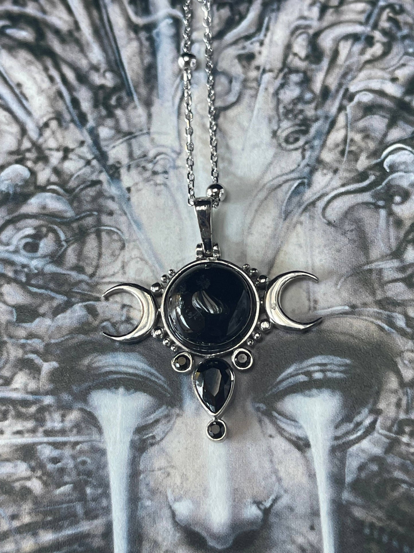 Sterling Silver Onyx Triple Moon Pendant with Sterling Silver Chain