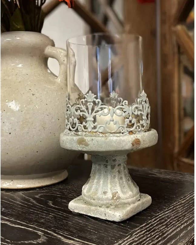 Cement Base Hurricane Candle Holder with Glass and Iron Gate Accent