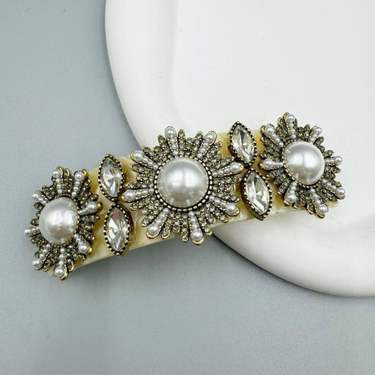 Floral Pearl Rhinestone Acrylic Hair French Barrette - Shadowplay Collection